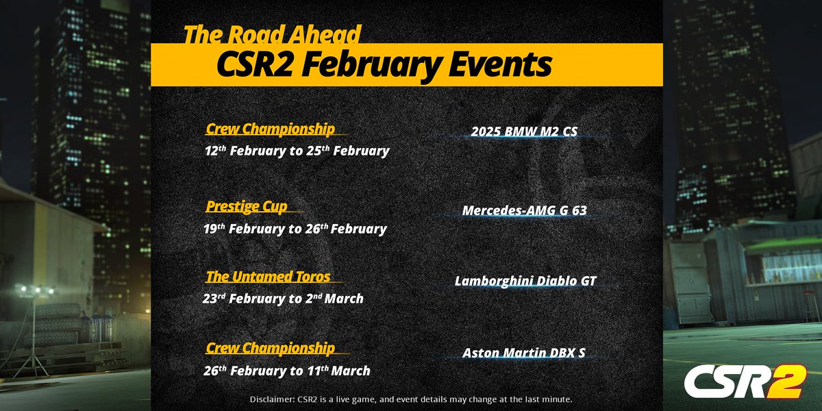CSRRacing's tweet photo. Happy February, Racers! β¨π Februaryβs events roadmap is here β time to keep the momentum going at full speed! ποΈπ₯
Play #CSR2 here: https://t.co/s9Ydj9Cxp0
#DragRacing #FebruaryEvents #CSR2Events https://t.co/zuWKnwwI3l