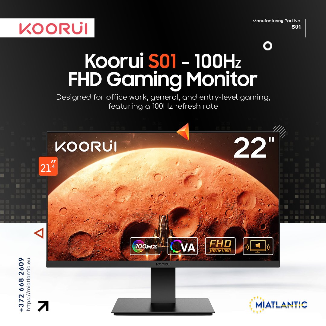 Now Available: Koorui S01 Full HD Monitor

 🔹 SKU: S01
 🔹 Color: Black
 🔹 Display: LCD Panel
 🔹 Screen Size: 21.4” (54.5 cm)
 🔹 Resolution: Full HD 1920 × 1080

info@miatlantic.eu | +372 6682609

🔗 miatlantic.eu/en/s01

#MIATLANTIC #KOORUI #FullHD #MonitorSetup #estonia