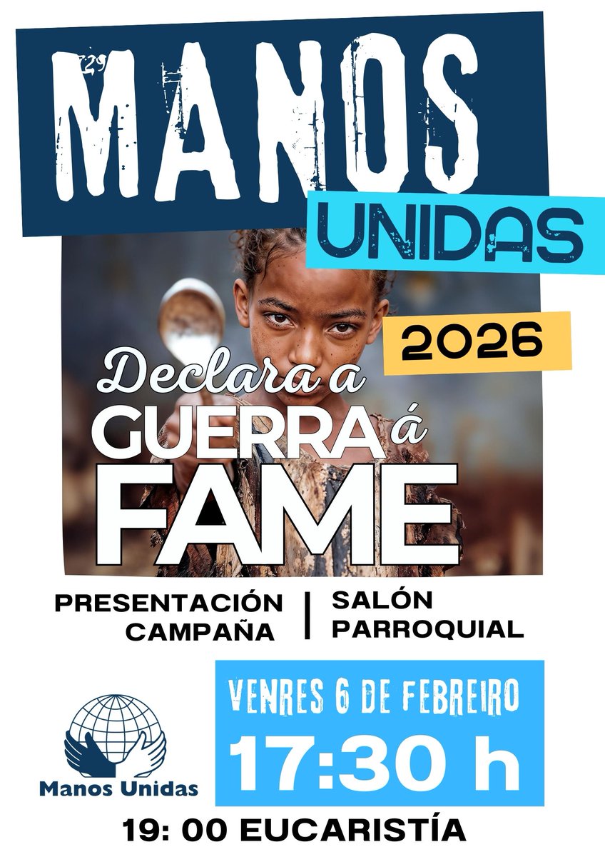 sanfranjavi's tweet photo. Decláralle a guerra á fame! 🌍✋
A campaña Manos Unidas 2026 invítanos a ser sal e luz, loitando xuntos contra a pobreza e a desigualdade. Cada xesto conta: compartir, colaborar e facer posible un mundo máis xusto.
#ManosUnidas2026 #GuerraContraAFame #SerLuz #Solidariedade https://t.co/NaoJ0T2ZFW