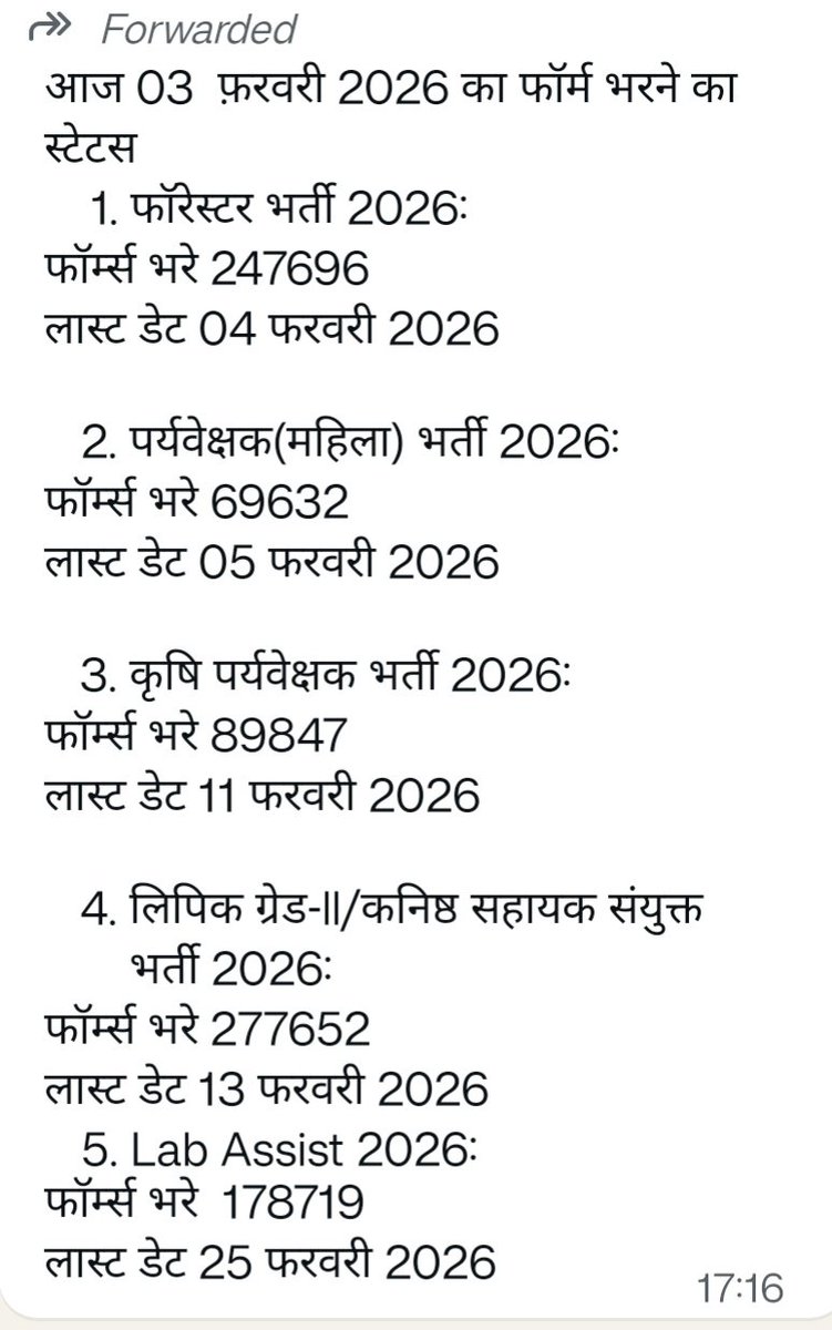 alokrajRSSB's tweet photo. पहले दो सीरियल्स, ���ानि फॉरेस्टर भर्ती और वुमेन सुपरवाइजर भर्तियों की अंतिम तिथि बढ़ा कर 11 फरवरी की जा रही है, नोटिफिकेशन जल्दी ही जारी होगा। https://t.co/Y8kDH3DTnq