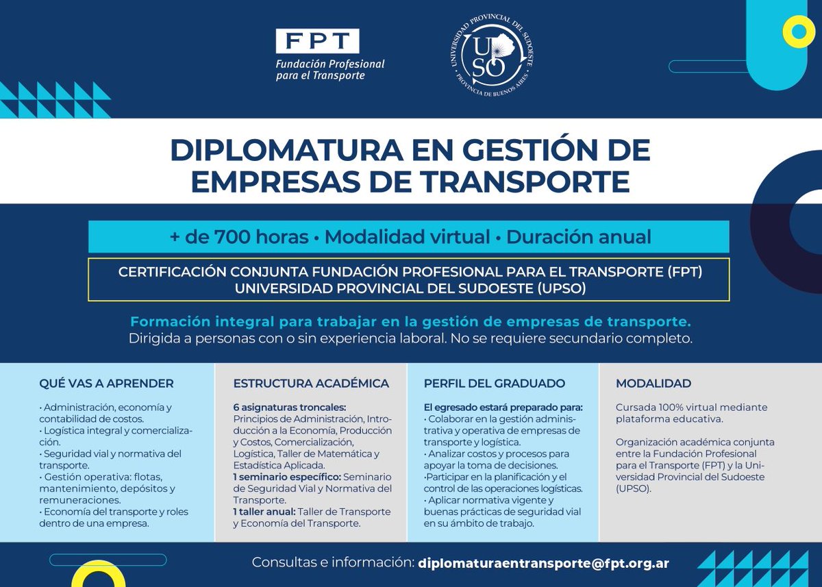 Nueva Diplomatura en Gestión de Empresas de Transporte.

Desde <a href="/FPTArgentina/">Fundación Profesional para el Transporte- FPT</a>, junto a la Universidad Provincial del Sudoeste, lanzamos la Diplomatura en Gestión de Empresas de Tte. una propuesta con certificación universitaria, modalidad 100% virtual y una carga horaria total
