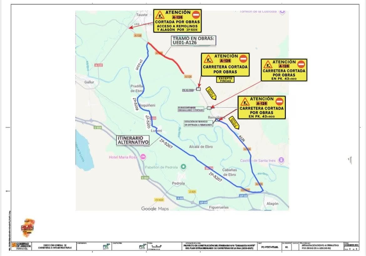 CORTE DE LA A-126 
📅9 de febrero de 2026 a las 10.00 horas, se realizará un corte total de la carretera A-126 en el tramo comprendido entre los PP.KK. 37+200 y PP.KK. 43+900.
📅Hasta el 23 de marzo de 2026
🚗Tramo alternativo por las carreteras ZP-5209 y ZP-5207.
#DGA