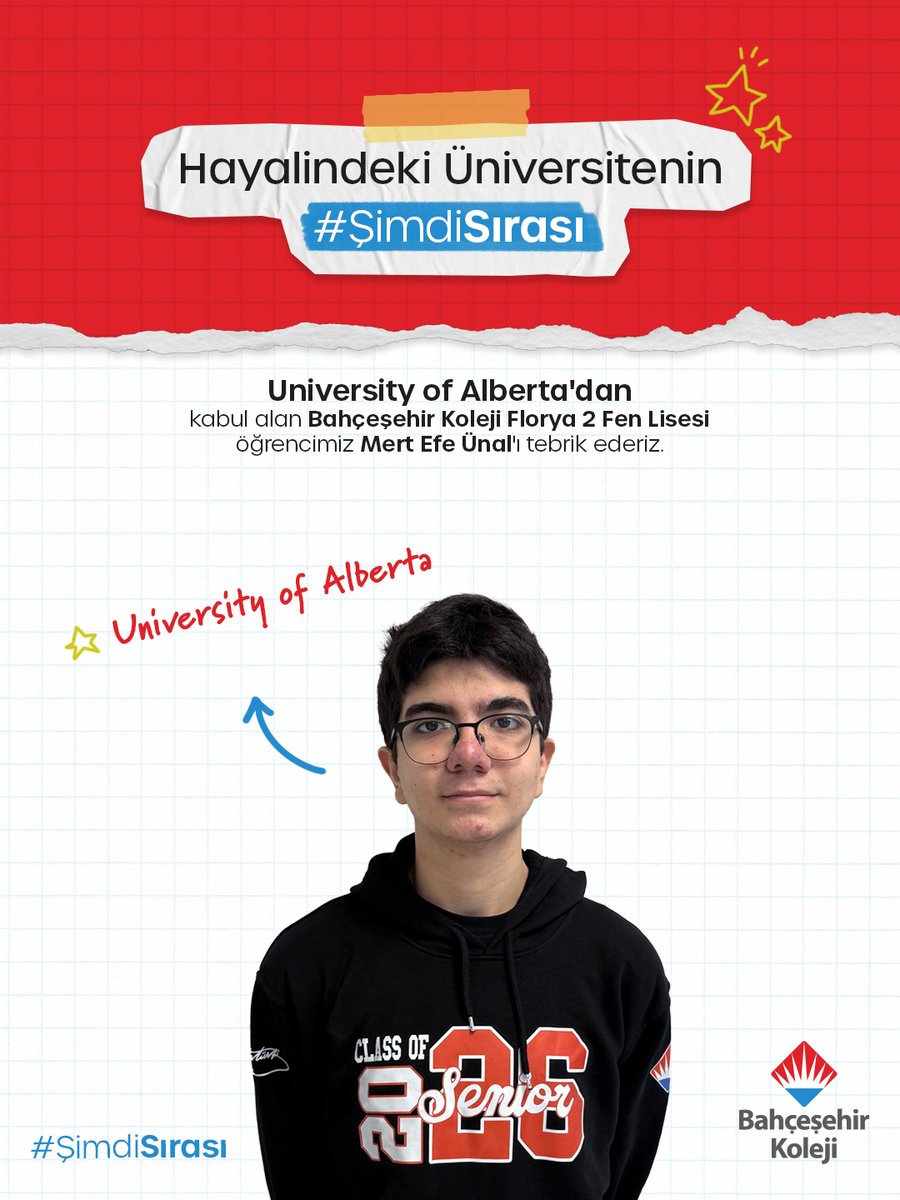 Hayalindeki Üniversitenin #ŞimdiSırası

👏🏼🎉 University of Alberta'dan kabul alan Florya 2 Fen Lisesi
öğrencimiz Mert Efe Ünal'ı tebrik ederiz.

#BahçeşehirKoleji
