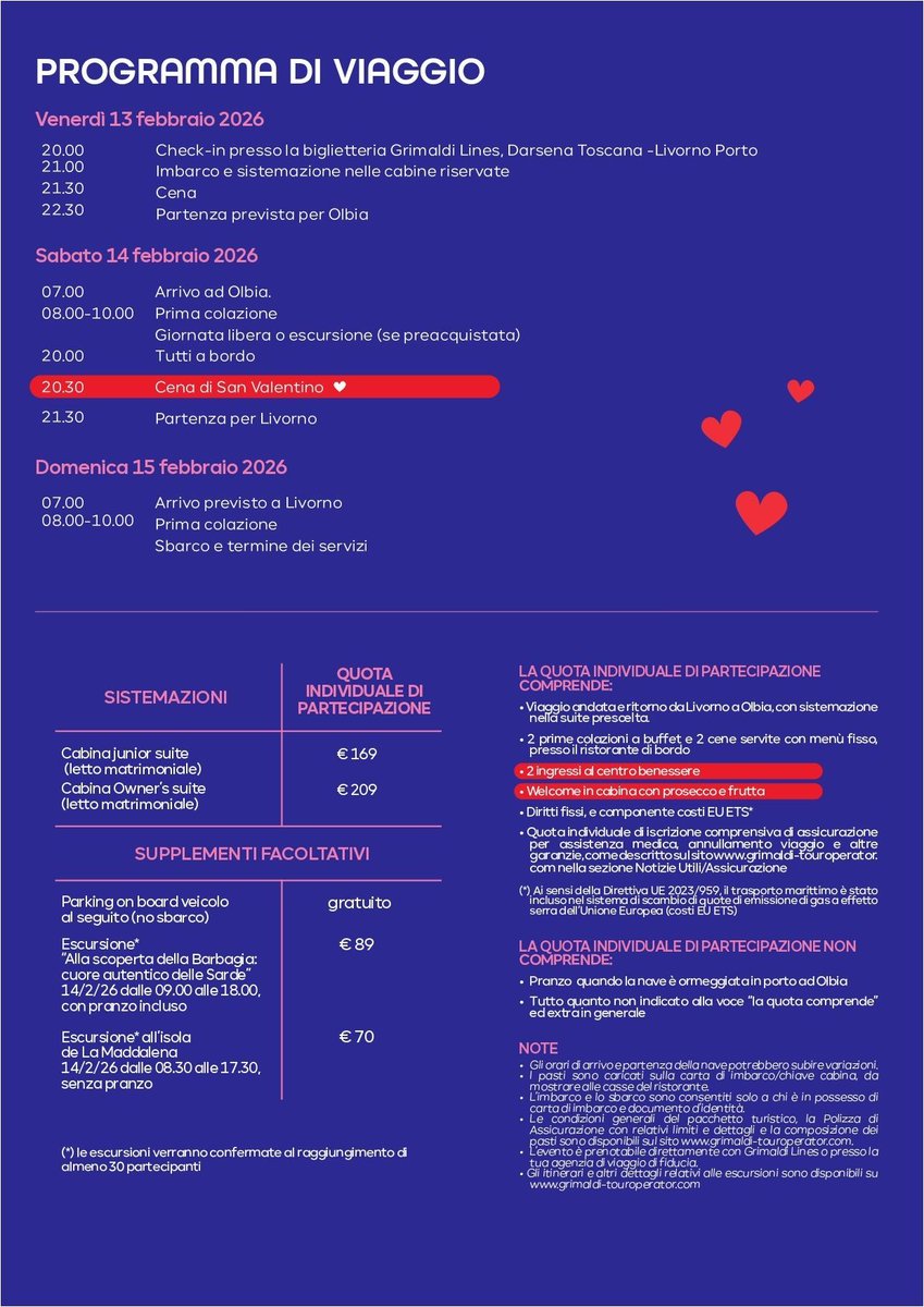 pazzoperilmare's tweet image. GRIMALDI LINES:WEEK END SAN VALENTINO A OLBIA? 
Con il #LoveWeekend #GrimaldiLines vivi notti romantiche a bordo, tra mare, relax dove il viaggio diventa la vera destinazione.
Niente corse, niente programmi stressanti: solo tempo da dedicare a chi ami.
.
#pazzoperilmare #Ferry