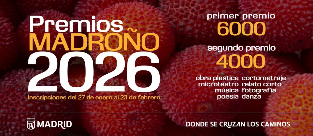 🤩Nueva edición de los #PremiosMadroño para jóvenes creadores
🎨Para jóvenes de entre 14 y 30 años y en ocho modalidades: cortometraje, microteatro, poesía, relato corto, obra plástica, fotografía, danza y música

📆Hasta el próximo 23 de febrero
👉informate.madrid.es/kna6b