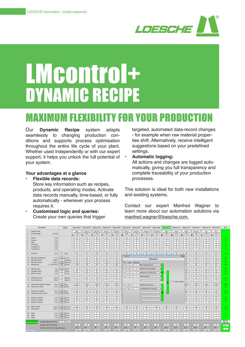 Expert process knowledge belongs at the center of #plantcontrol. LMcontrol+ Dynamic Recipe allows operators to translate their experience directly into logic-based queries, using H/L limits and time delays, without any PLC programming.

bit.ly/4bzdWwm

#grindingplant