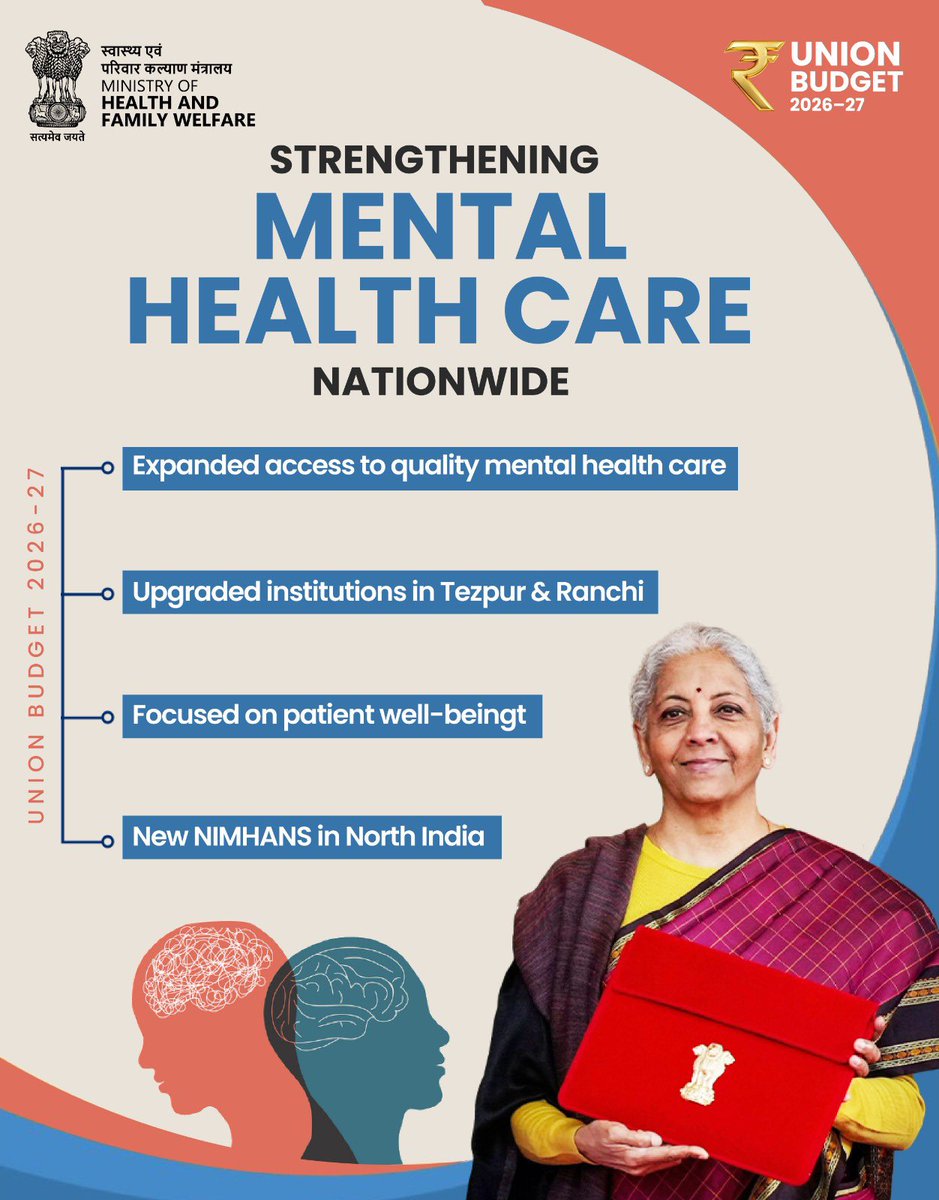 #Budget2026 | Advancing mental health care across the country!

Union Budget 2026–27 supports a stronger mental healthcare ecosystem with a new NIMHANS in North India, upgraded mental health institutions in Tezpur and Ranchi, and a renewed focus on accessible, quality care and