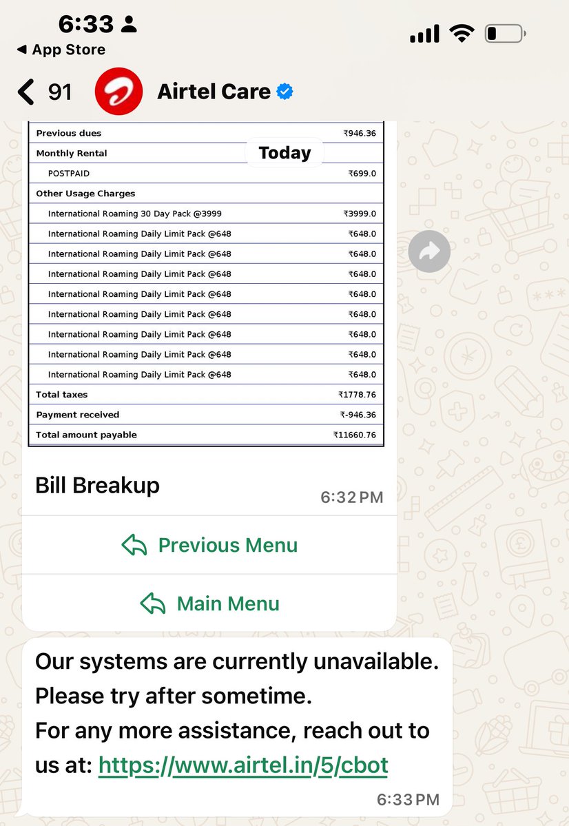 Hello <a href="/airtelindia/">airtel India</a> <a href="/Airtel_Presence/">Airtel Cares</a> 

International pack Active hone ke bad bhi daily charge ? 

Itna Bill ? Tera baap Bharega