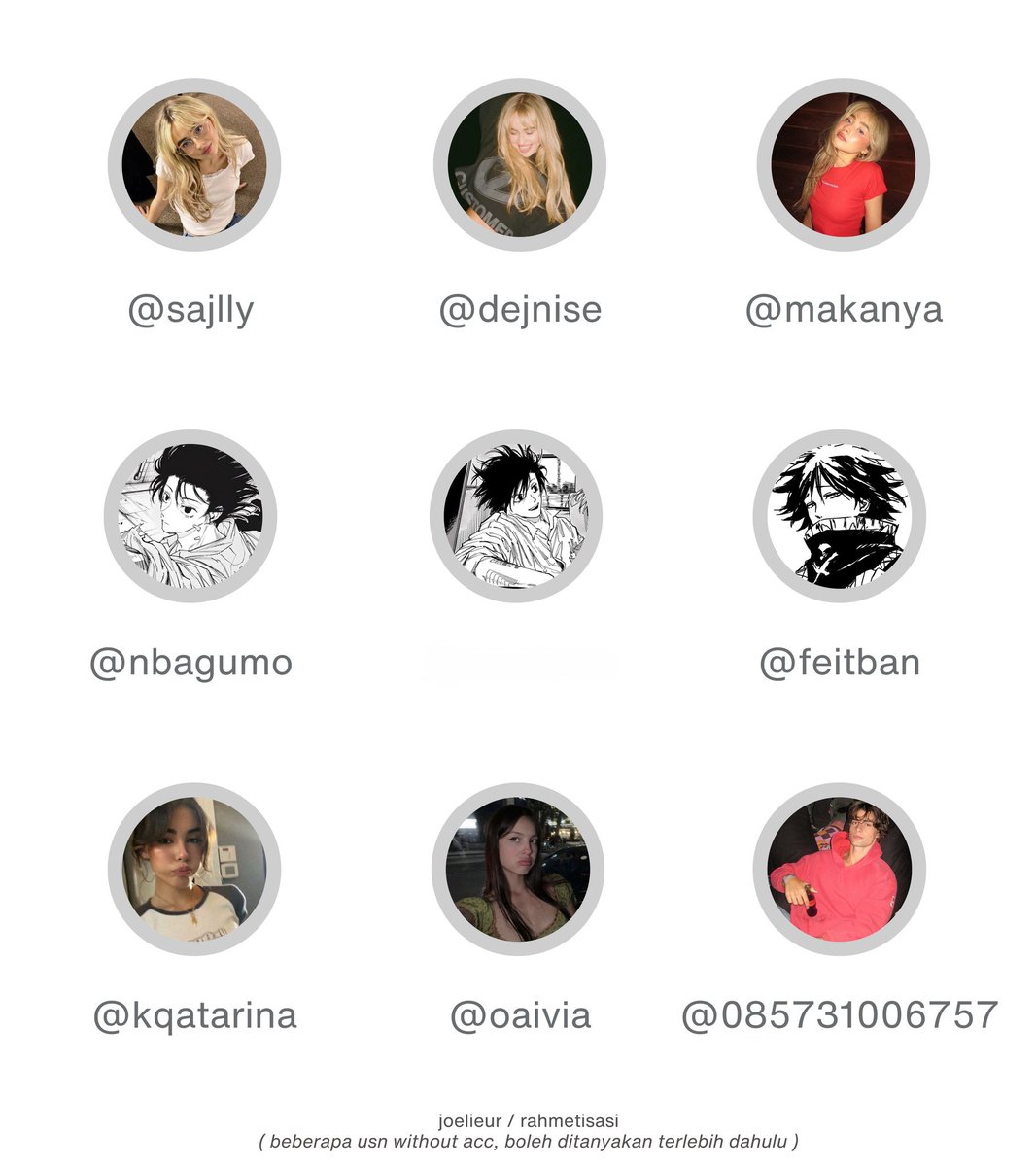 rakwof's tweet photo. Wts @ usn uname username mulchar

Nick based on Sally/Denise, on point op indo based on makanya, anime based on Nagumo, Feitan, Katarina, Olivia, dan full angka/nomor.

DM ke @rahmetisasi

#zonauang https://t.co/bY4AwPTOrA