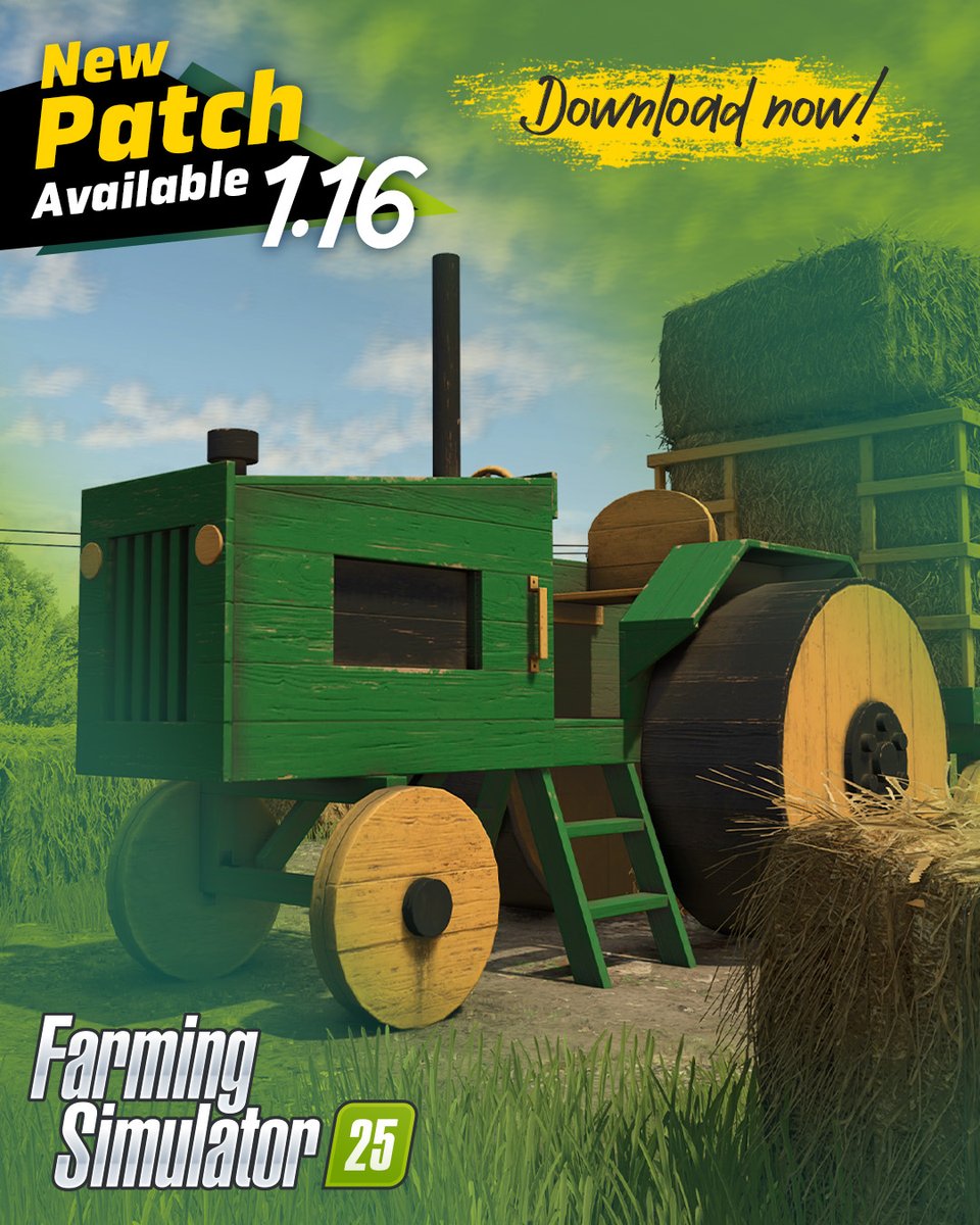 farmingsim's tweet image. 📢 Patch 1.16 is here for Farming Simulator 25! 🚜
Now available on PC &amp;amp; consoles, featuring visual and audio improvements, gameplay tweaks, a new harvester, windrowers, and more! 🧑‍🌾🌾

- Stability &amp;amp; performance fixes
- Visual polish &amp;amp; adjustments
- New vehicles &amp;amp; tools

Check…