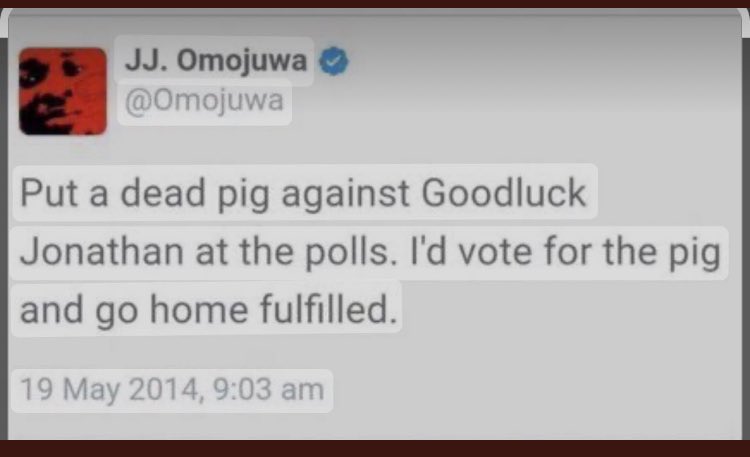 How on earth do <a href="/Omojuwa/">JJ. Omojuwa</a> sleep at night? This guy has literally gone against every damn thing he spoke against. If he compare Jonathan to a dead Pig, what should Tinubu be compared to?
