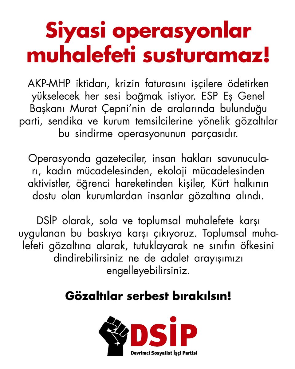 dsip___'s tweet image. Siyasi operasyonlar muhalefeti susturamaz!

Gözaltılar serbest bırakılsın!