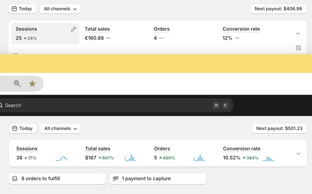 AymanSwift's tweet image. This Morning’s  conversion rate🔥
Store 1 : 12%
Store 2 : 10.52%
#Shopify #shopifyexpert