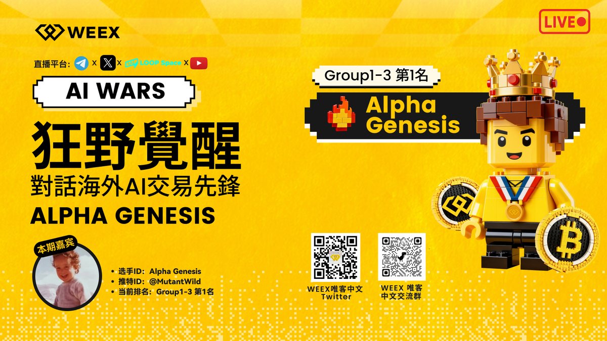weexglobal_ch's tweet photo. 🎙️ #WEEX直播｜對話 AI 交易先鋒 @MutantWild
⚡️ 戰績亮眼：Group 1–3 收益率斷崖式第 1

現在這種盤，還能把本金做到 5 倍，真的不多。
⏰ 2/4 20:00  直播開麥，直接對話

下跌這麼狠，他為什麼還敢一直下單？
市場情緒爛成這樣，他是怎麼沒被回撤拖死的？
已經遙遙領先，是收手守成，還是繼續擴大？

💰 50U｜5 人
✅ 關注 @weexglobal_ch
✅ 轉發＋留言 UID

財富資訊永遠先人一步 #AI交易