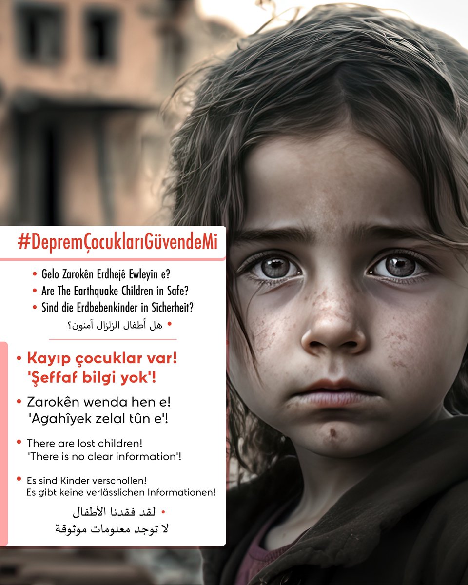 🚨 6 Şubat depremi sonrasında kaybolan çocukların izi, enkazın gölgesinde kaldı! 😞

Gönüllü bir grup; avukatlar, öğretmenler, sanatçılar, gazeteciler ve aktivistlerden oluşan bir ekiple bir araya geldik. Sosyal medyada “depremin kayıp çocukları” için bir hafıza arşivi