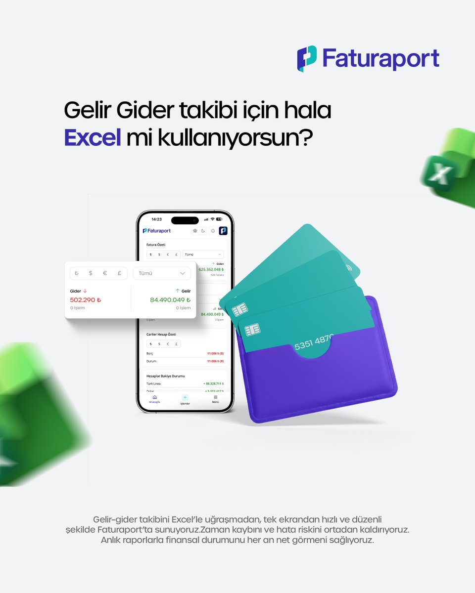 Gelir–gider takibi için hâlâ Excel mi kullanıyorsun?

Excel’e sonradan girmekle uğraşma.
Mobil ve web uygulamasıyla, istediğin yerden anında gider kaydını yap.
Faturaport ile giderlerini tek ekrandan yönet.

#Faturaport #GelirGiderTakibi #FinansYönetimi