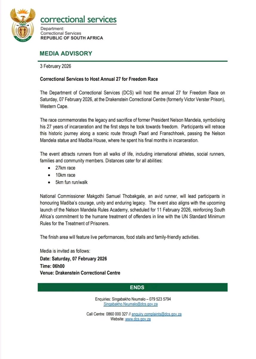 DCS_ZA's tweet photo. Correctional Services to Host Annual 27 For Freedom Race...

#27ForFreedomRace #My27KilometersForMadibas27Years #RunForFreedom #MadibaLegacy https://t.co/eaErCls0SE