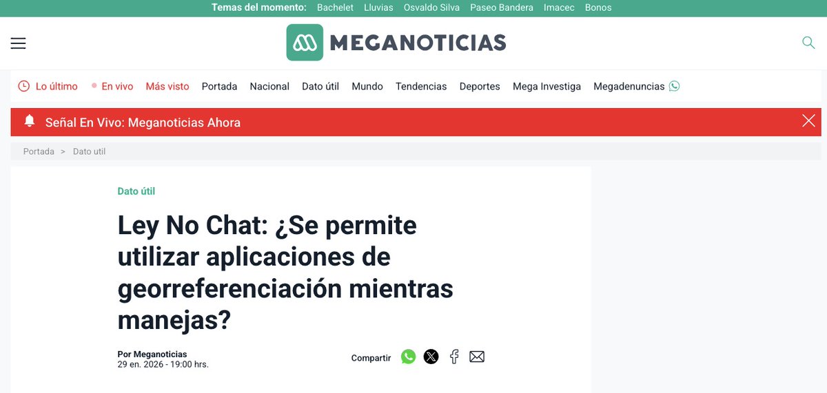 ONGnochat's tweet image. 📵 La #LeyNoChat volvió a la pauta. Meganoticias publicó una nota aclarando que manipular el GPS mientras conduces es infracción gravísima. El teléfono solo puede usarse si la ruta se programa antes y se guía por audio. Revisa los detalles: n9.cl/xsh90