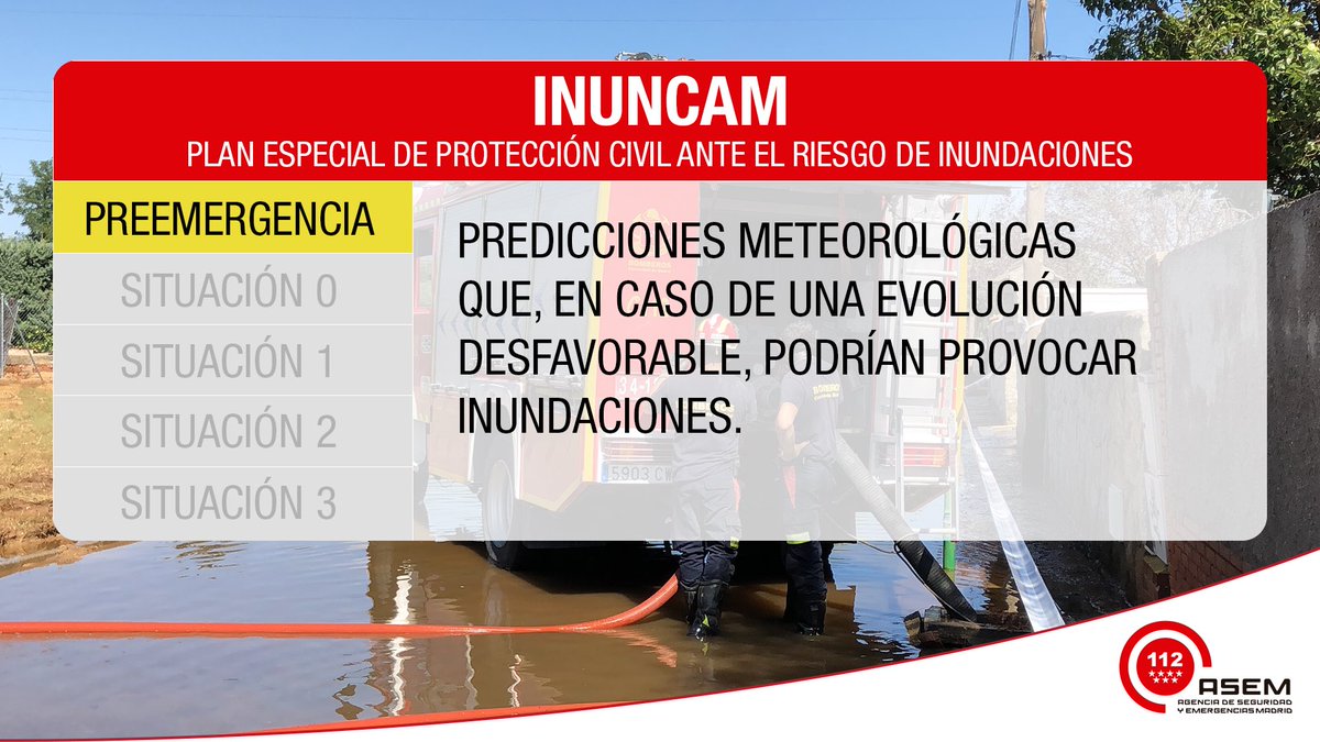 🚨Activado el Plan Especial de Protección Civil ante el Riesgo de Inundaciones #INUNCAM.

👉Fase de Preemergencia. 

✅ Ante la previsión de <a href="/AEMET_Madrid/">AEMET_Madrid</a> de lluvia y nieve para los próximos días.
 
✅ Los #AgentesForestales siguen vigilando cauces de ríos y arroyos. 

#ASEM112