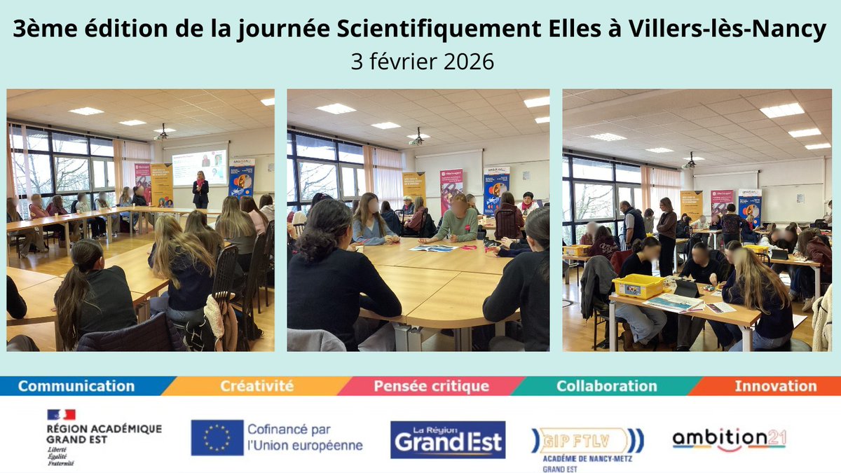 Ambition21_FSE's tweet photo. 📍Au lycée Stanislas à Villers-lès-Nancy, 28 lycéennes de seconde et de première participent à la 3ᵉ édition de #ScientifiquementElles.
Tables rondes, ateliers avec @ELLESBOUGENT_LO , programmation #Legospike et remise des prix 🏆
↪️Un projet porté par #Ambition21 #FSE+ 🚀 https://t.co/ysmNlq9p0h