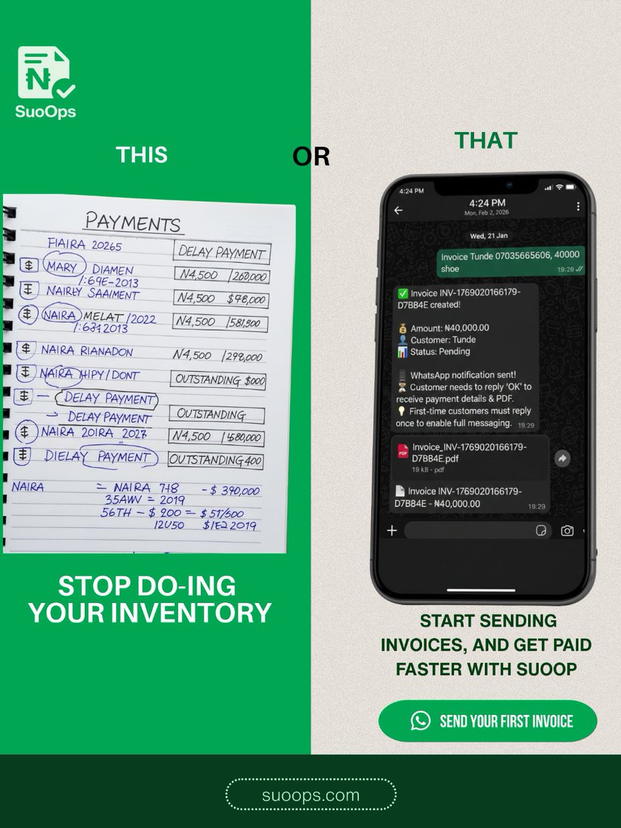 Suoops4's tweet image. Let’s settle this once and for all:

​📓 Manual Notebook (The "I will write it down later" geng).

​📱 Digital Tracking (The "Oga/Madam" status).

​Which one are you currently using? Be honest! 👇
​#VendorWahala #BusinessHacks #SuoOps