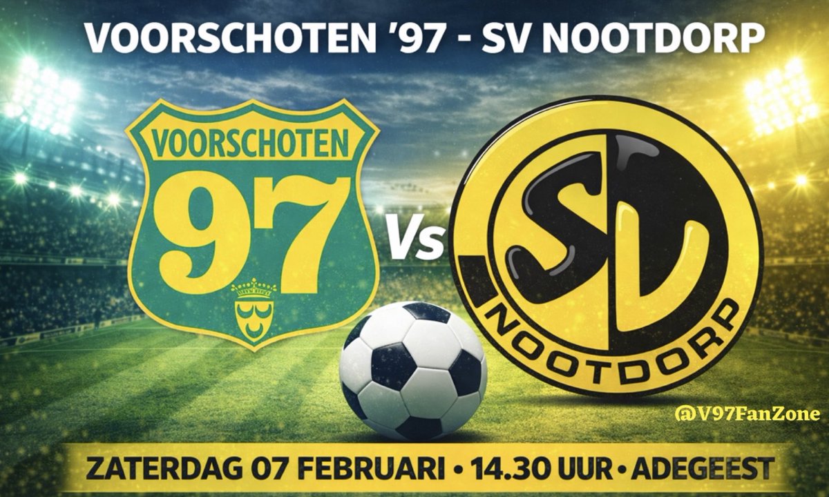 Zaterdag speelt Voorschoten97 de thuiswedstrijd tegen SV Nootdorp (nr.6)..
GeelGroen won dit seizoen nog steeds geen thuiswedstrijd en staat onderaan..

Er moet dus eigenlijk gewonnen worden.
Aftrap: 14.30 uur 🔰🔰