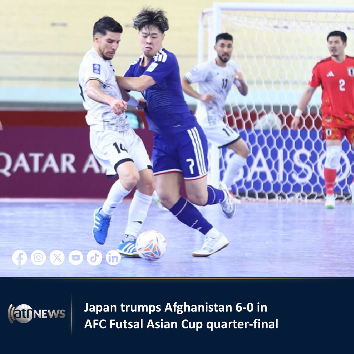 ArianaNews_'s tweet photo. The Afghanistan national futsal team was eliminated from the 2026 AFC Futsal Asian Cup in Indonesia after suffering a 6–0 defeat to Japan in their fourth match of the tournament.
Read more: https://t.co/JsGHB2HMVQ
#ArianaNews #Futsal #AfghanFutsal #AFGvJAP #Afghanistan https://t.co/GB7OfraSqe