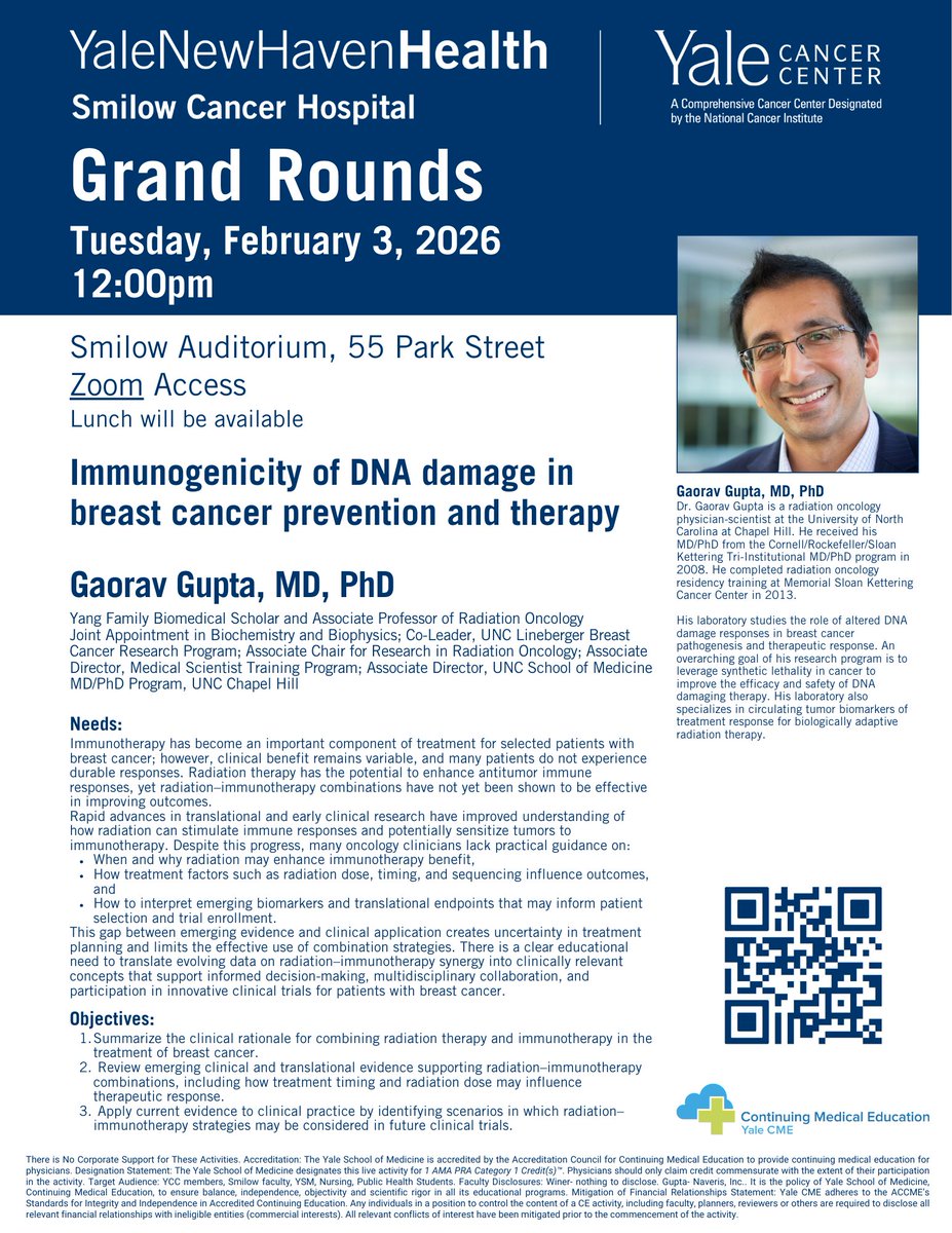 YaleCancer's tweet image. We invite you to join us for #GrandRounds today at 12pm as Dr. Gaorav Gupta @guptalabunc presents "Immunogenicity of DNA damage in #breastcancer prevention and therapy." Please join us in Smilow Auditorium or via Zoom: bit.ly/4qy6JRf.
@SmilowCancer @UNC_Lineberger
