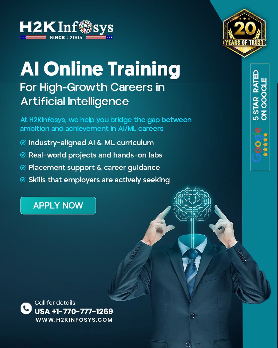 h2kinfosys's tweet photo. Learn AI Online Training for High-Growth Careers in Artificial Intelligence
📷 Industry-aligned AI &amp; ML curriculum
📷 Placement support &amp; career guidance
📷 Join Free Demo Session:  https://t.co/UFxrrH4KJq
📷Call: +1 770-777-1269 | 📷training@h2kinfosys.com
#AIcourse #AIprogram https://t.co/GUIyymdKwK