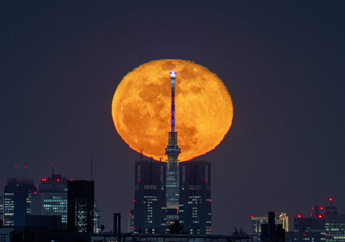 十六夜（いざよい）の月、スカイツリー、東京都庁が一直線に並び、重なりました。
低い空までくっきりと晴れて、見事な光景が見られました。
（本日宵、望遠鏡を使って撮影）