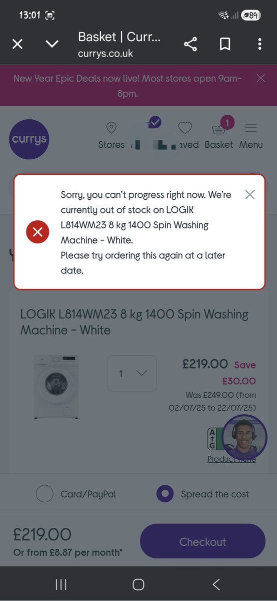 aitch_R_aitch's tweet photo. @currys you really need to sort your website out!Twice now, separate days,I have tried to buy washing machine.Selected 'show in stock only'; entered postcode; says "delivery available";let's me to checkout then says "out of stock"! #wasteoftime #lostcustom #currys #IllGoElsewhere https://t.co/kPK7i24tDe