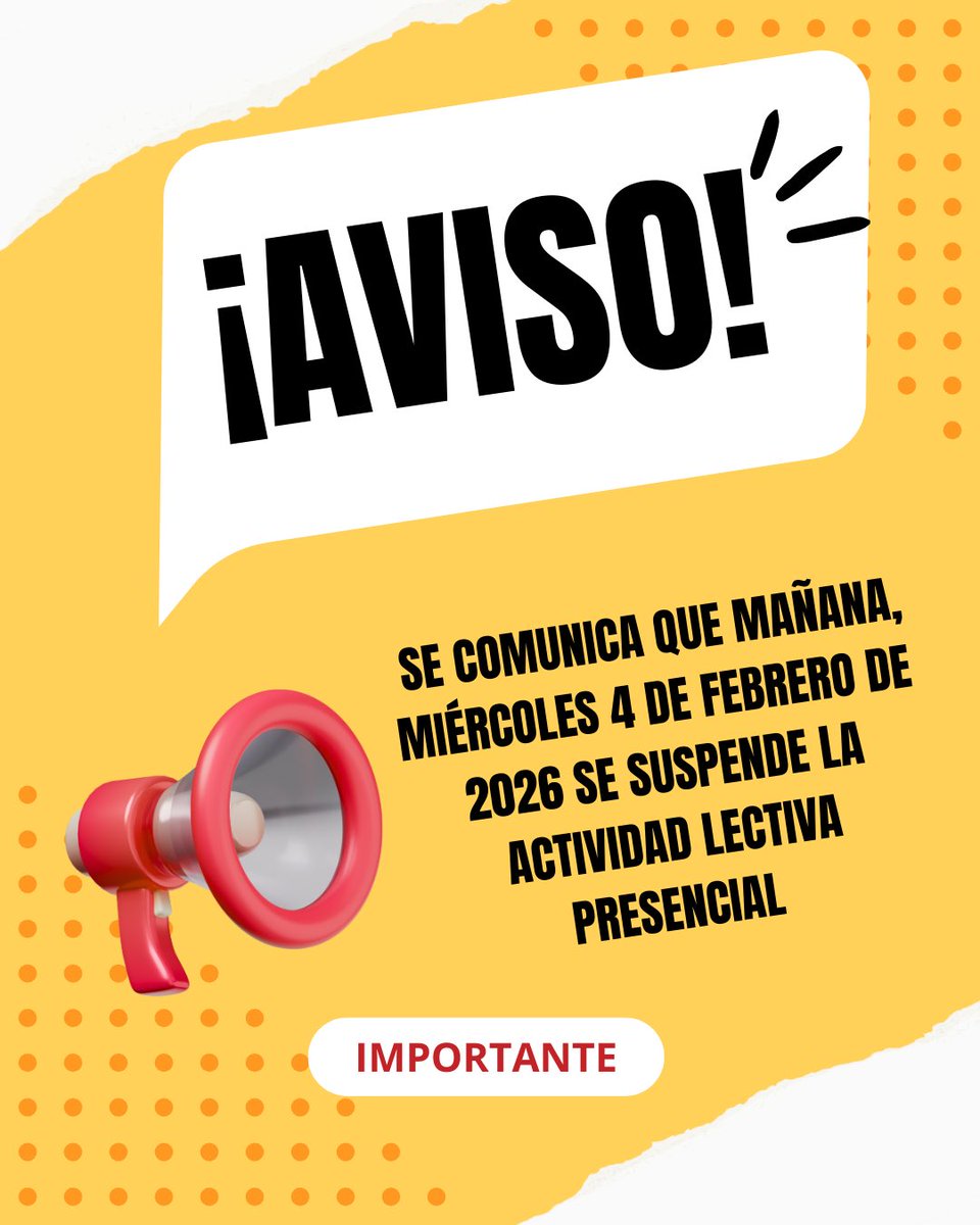 Tras la elevación a situación operativa 2 del Plan de Emergencias de Andalucía por el riesgo de inundaciones y fenómenos meteorológicos adversos, se le comunica que mañana, miércoles 4 de febrero de 2026 se suspende la actividad lectiva presencial.