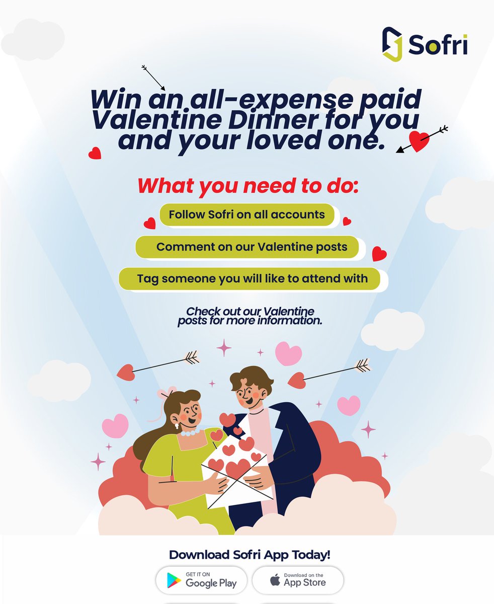 Bank_Sofri's tweet photo. You, your person, 6 other couples, good food, laughter, networking, games, fun, and a lot more!
Why miss this? Check our Valentine posts to participate.
#BankSofri
#Valentine
#Valentine2026
#MySofriLoveStory https://t.co/FHMkdtpjjp