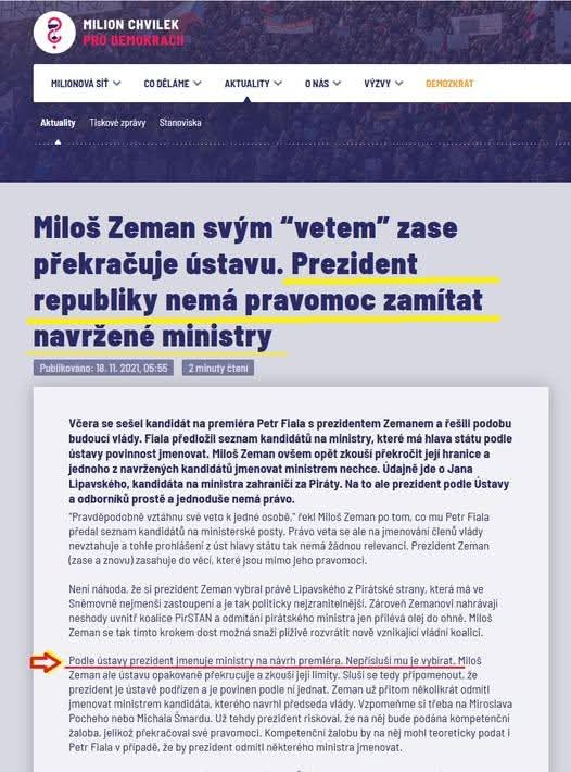 Beruka1935744's tweet photo. Milion Chvilek v roce 2021 plamenně hájil myšlenku, že prezident ČR musí povinně jmenovat všechny navržené ministry.

Teď svolal demonstraci na podporu prezidenta, který přesně toto porušuje.

Lepší příklad pokrytectví, zaujatosti a dvojího metru si ani nelze představit. https://t.co/pTRrO5kb2M