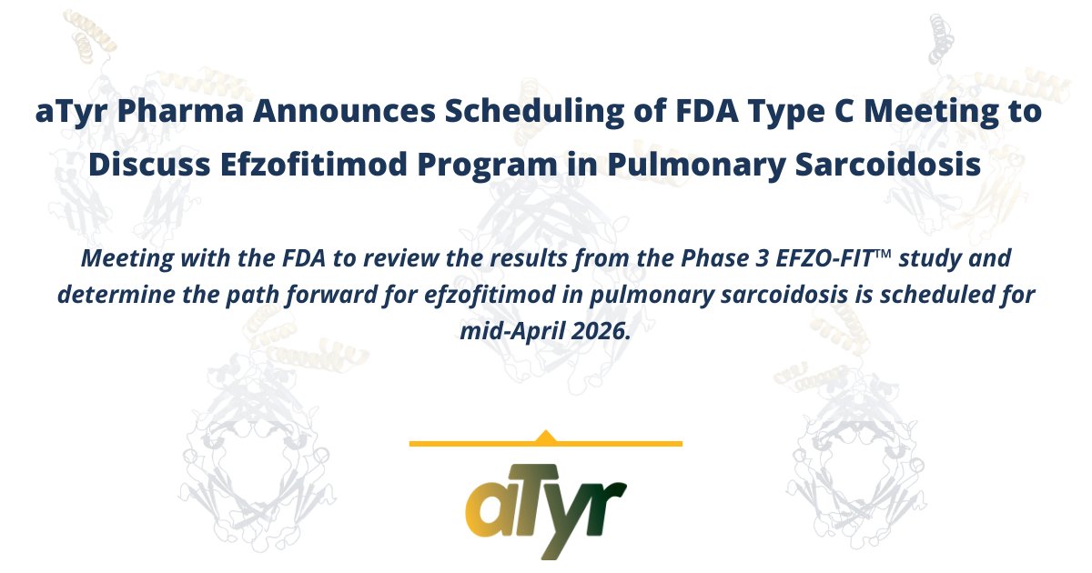 aTyrNews's tweet photo. Today we announced that we are scheduled to meet with the U.S. FDA in mid-April 2026 for a Type C meeting to review the results from the Phase 3 EFZO-FIT™ study and determine the path forward for #efzofitimod in #pulmonarysarcoidosis. Read more: https://t.co/0FRpcx8ONu
$ATYR https://t.co/VEN4kyzKNX
