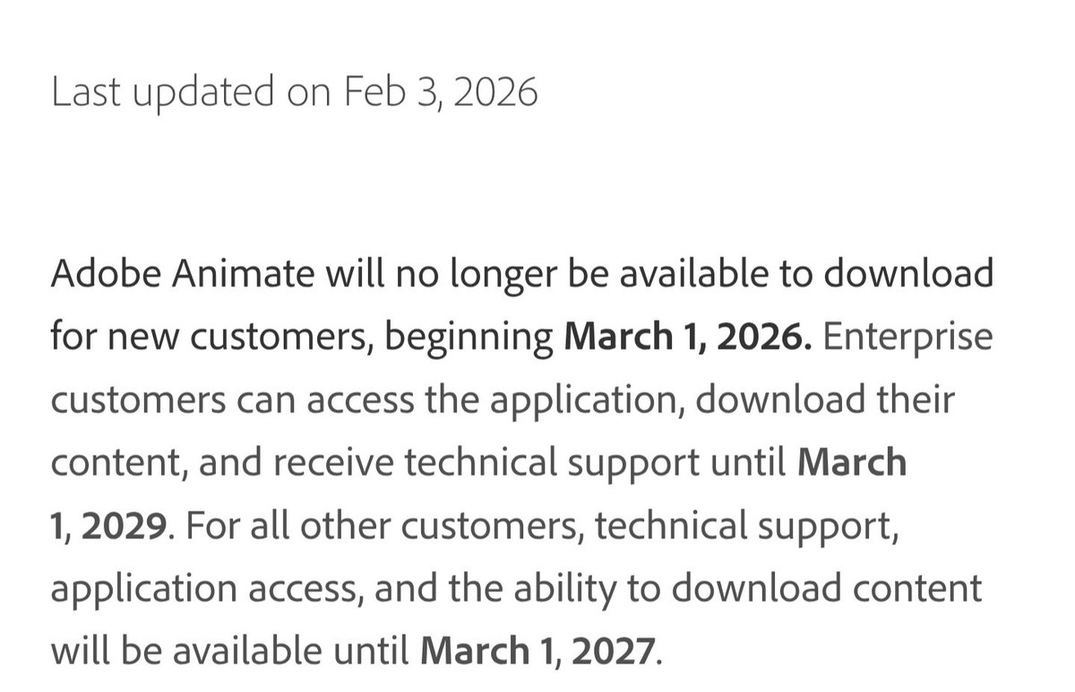 ItsMenimated's tweet photo. Yeah... this is not a joke.
Adobe Animate will discontinue soon...

So uhh... what's going on right now? https://t.co/UM0WjtyJLt