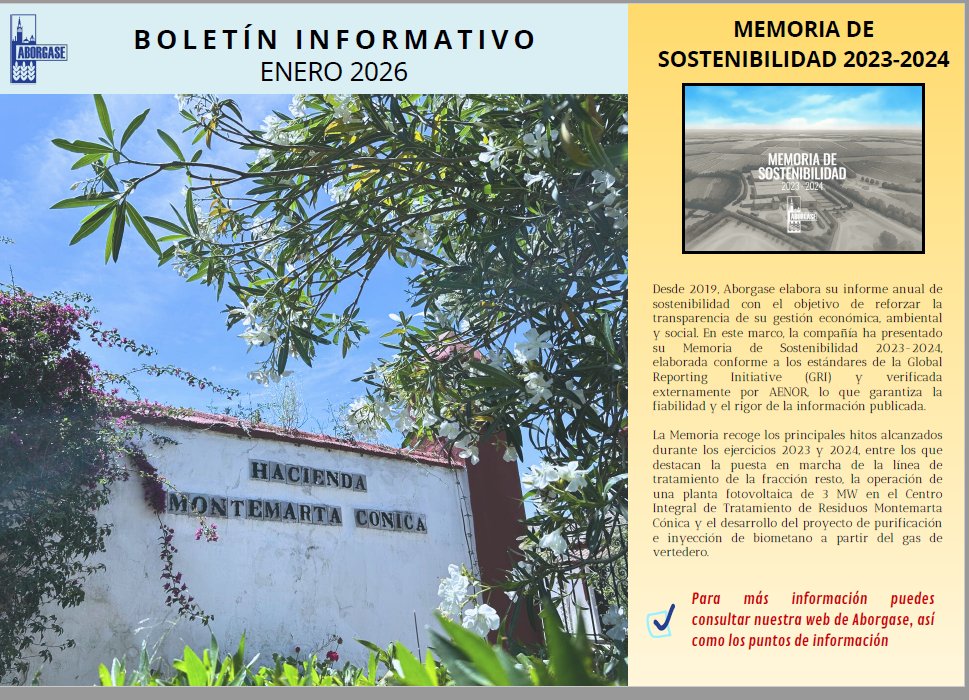 ABORGASE's tweet photo. 📢 Boletín Informativo · Enero 2026

Recogemos distintas actividades de #Aborgase en sostenibilidad, formación interna, certificaciones, responsabilidad social y divulgación ambiental, además de la Memoria de Sostenibilidad 2023-2024.

👉 https://t.co/WC6K7SCfOZ https://t.co/eekz3zNlgj