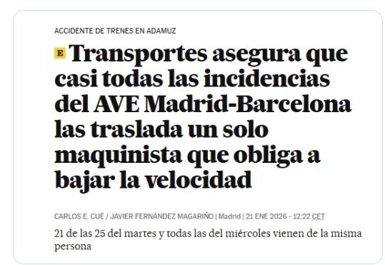 Un cliente mío ha llegado tarde a la reunión por el retraso de su tren desde Barcelona y le acaban de decir que no le garantizan el regreso. Estamos en el puente aéreo (petado, lógicamente), esperando que pueda subirse en el próximo avión. 

Recordemos este titular maravilloso