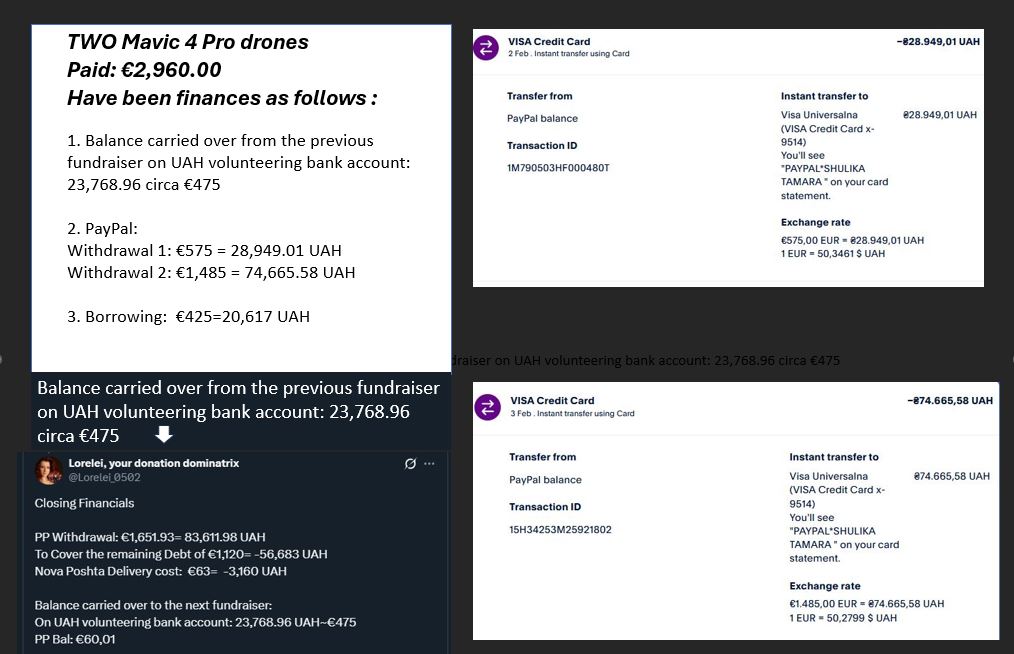 Lorelei_0502's tweet photo. PAYMENT REPORT 
PART 1
#Tsunami Regiment #luit Brigade  #Konstantinivka
TWO Mavic 4 Pro drones
Paid:  148,000 UAH  circa €2,960

Have been finances as follows:
 
 1. Balance carried over from the previous fundraiser on UAH volunteering bank account: 23,768.96 circa €475
 
2. PayPal:
Withdrawal 1: €575 = 28,949.01 UAH
Withdrawal 2: €1,485 = 74,665.58 UAH
 
3. Borrowing: €425=20,617 UAH