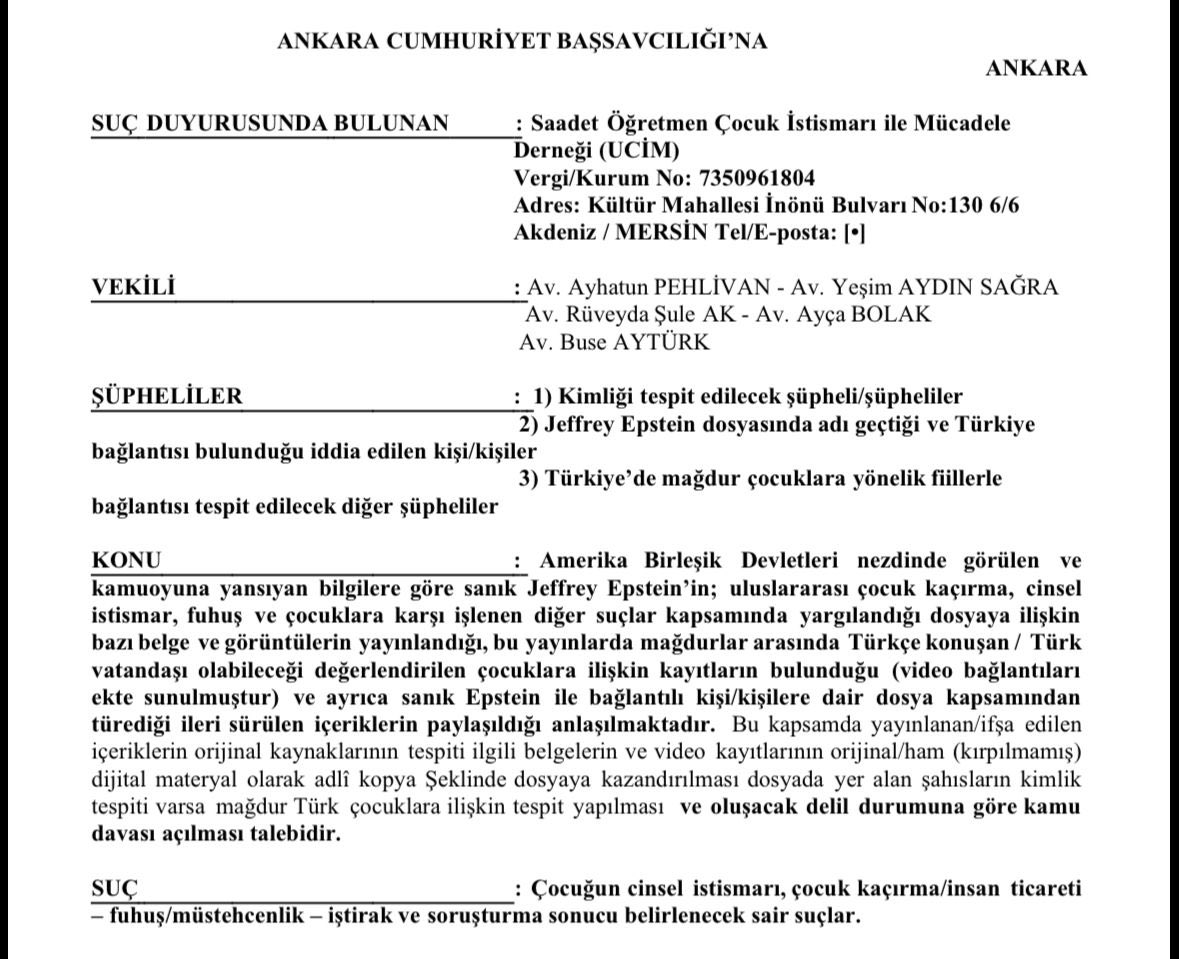 SaadetOzkanEfe's tweet photo. Epstein dosyalarıyla ilgili iddialar artık görmezden gelinemez.
Ankara Cumhuriyet Başsavcılığı tarafından soruşturma başlatılmıştır.

UCİM, bu kapsamda resmi suç duyurusunda bulunmuştur.
UCİM avukatlarıyla birlikte, hepimizi derinden sarsan bu insanlık suçlarının tüm yönleriyle araştırılması için sürecin kararlılıkla takipçisiyiz.

Başka bir vatan yok.
Çocuklar için adalet, şeffaflık ve etkin tahkikat istiyoruz.

@ucimorgtr
@yucelceylancom
@avyesimaydinn 
@AyhatunErdogdu