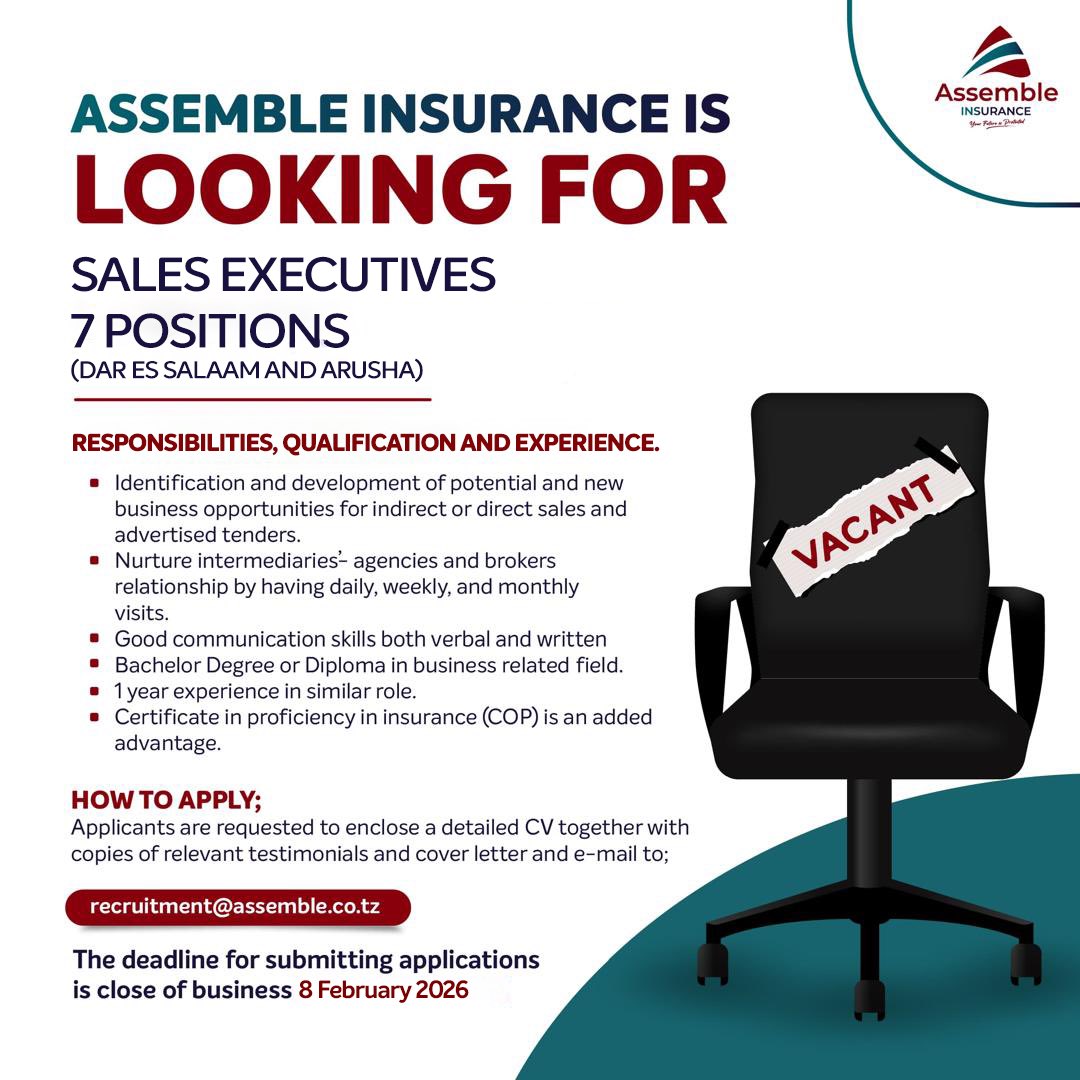 assembletz's tweet photo. PUBLIC NOTICE: We’re hiring, please read the descriptions carefully before applying.

Application are open till 8th February 2026

☎️ 0768 983 800 | 022 550 8300

#AssembleInsuranceTanzania #AssembleInsurance #JobOpportunity #Wearehiring #YourFutureIsProtected https://t.co/yTn89b3lUu