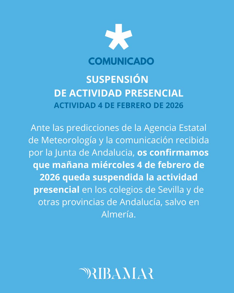 Mañana 4 de febrero de 2026 quedan suspendidas las clases presenciales en Sevilla por las predicciones de AEMET y por la orden emitida por la Junta de Andalucía. Seguiremos informando de las novedades 🙂 #comunicado