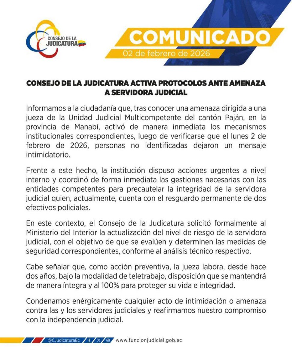 ContrapuntoInf's tweet photo. 📰 #INFÓRMATE 
El @CJudicaturaEc activó protocolos de seguridad tras registrarse una amenaza contra una jueza en el cantón Paján, provincia de Manabí. La institución informó que la servidora judicial cuenta con resguardo policial.
#ConsejoDeLaJudicatura #Justicia #Seguridad https://t.co/aWaFBXbm29