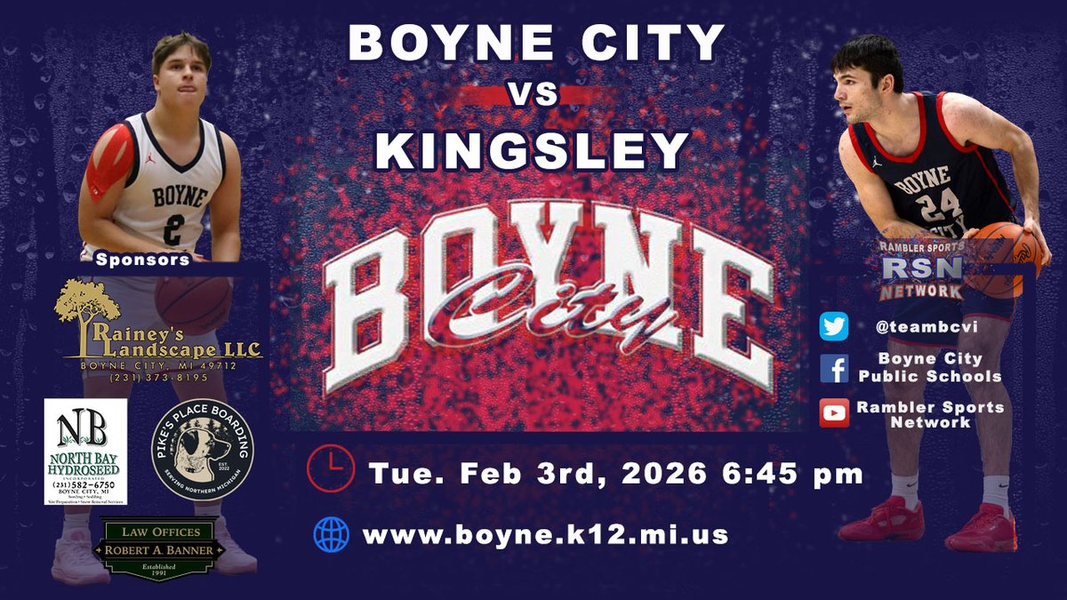 RSN Presents:
Boyne City vs. Kingsley
Broadcast goes LIVE Tues Feb 3 6:45 pm
Tonight at Halftime:
BC's own Todd Shumaker on set to discuss Boyne's Building Trades CTE Class &amp; celebrate February as CTE month!

CLICK LINK BELOW for Broadcast-
forms.gle/zuTH92x7dvxCTq…