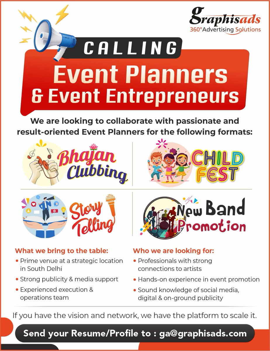 graphisads's tweet image. Event Planners &amp;amp; Entrepreneurs!
Let’s collaborate on Bhajan Clubbing, Child Fest, Storytelling Events &amp;amp; more.
You bring the vision &amp;amp; network — we bring the venue, publicity &amp;amp; execution support.
📩 Share your profile: ga@graphisads.com
#Collaboration #EventPlanners  #Hiring