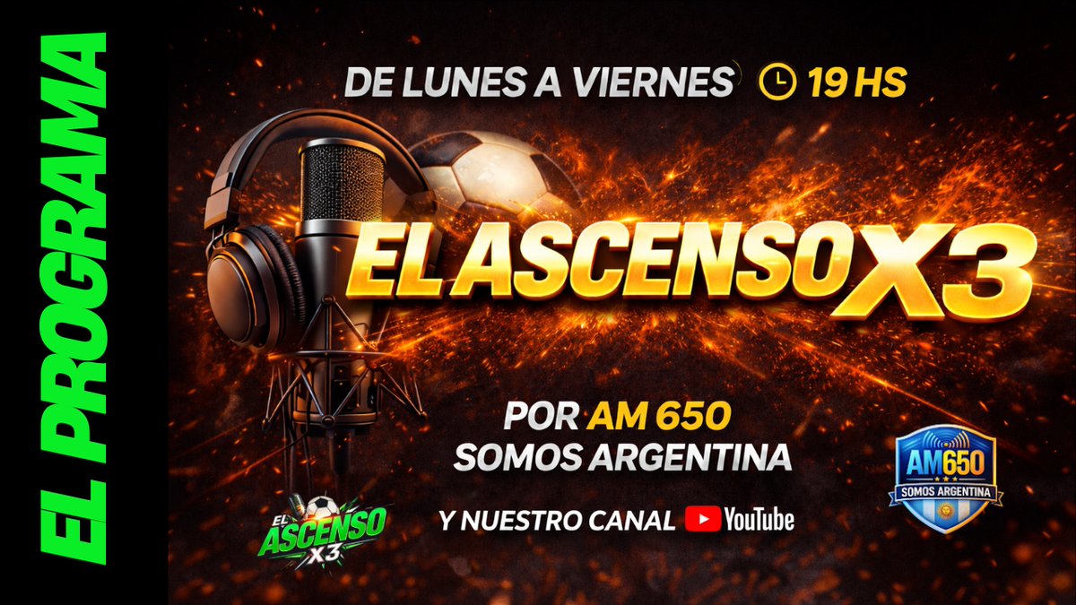 🚨 ATENTOS🚨
⏰ Hoy 19 HS

⚽️ TODA la INFO del Fútbol de ASCENSO.

📻 Escuchala x AM 650 "Somos Argentina"
 
🔴 Miralo en You Tube: 
📎 youtube.com/live/C9J4pQHDZ…

👤<a href="/DanielCacioli/">Daniel Cacioli</a>