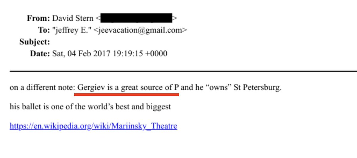 pevchikh's tweet image. Какой-то друг Эпштейна знакомит его с Валерием Гергиевым и описывает последнего как "отличный источник "P". Из контекста понятно, что речь не про Путина или политику, а про женские половые органы. И ссылка на  балет Мариинского театра. Отвратительно.