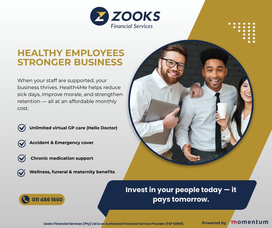 ZooksFinance's tweet photo. Employee wellbeing is a business advantage.

With Health4Me, employers can offer affordable healthcare benefits that support productivity, retention, and long-term business success. #wecareforyou #Health4me Durban #BBMzansi6 Grammy Midrand Product of the Year https://t.co/uU9gI8L0L6