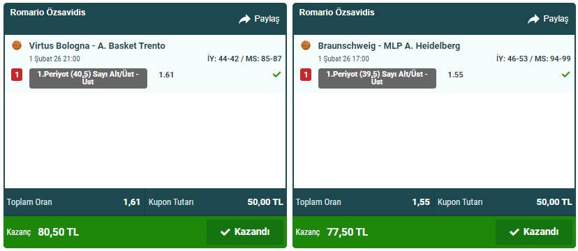 * <a href="/Nesinecom/">Nesine</a> takipçileri için hazırlamış olduğumuz tek maç kuponları ile kazandırmaya devam ettik.🎯(01.02.2026).

** Toplam Oran : 3.16. Değerlendirenlere Teşekkürler, Tebrikler.! 🏀 💯  🙂  ✅