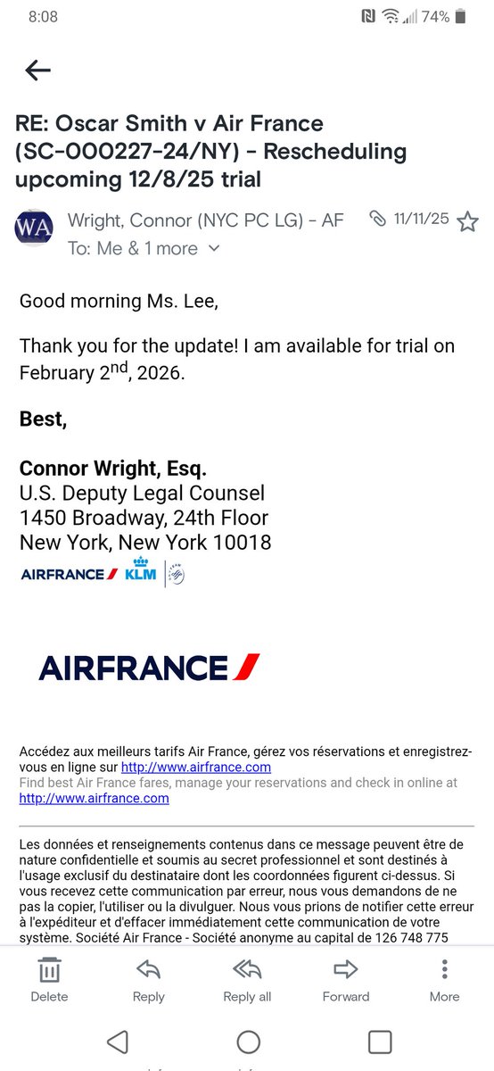 O_Diesel's tweet photo. In the U.S if you have flown Air france and had any trouble getting a refund or your money for damage/ delayed baggage...(small claims / civil court To sue you send the summons to this person   Tell them Oscar Sent ya ) #AirFrance #TRAVEL #court https://t.co/2yTyEBJTQd